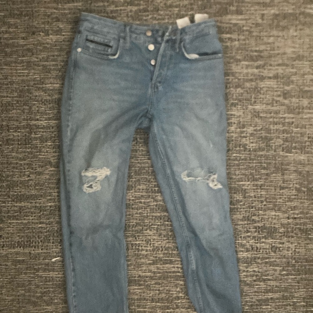 Calvin Klein Blue Straight Leg Jeans with Distressed Details
